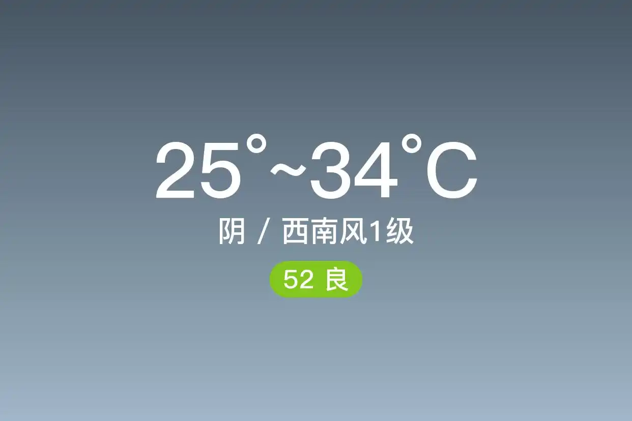 「杭州」9/12，阴，25~34℃，西南风1级，空气质量良