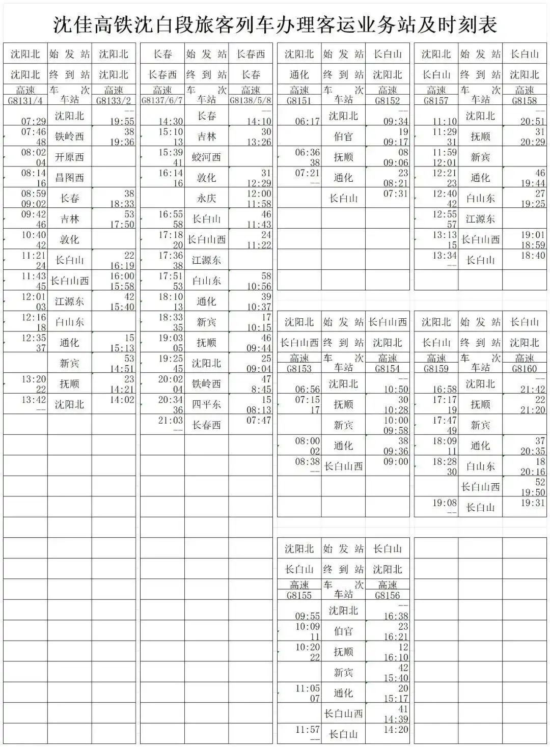 最新！沈白高铁列车时刻表出炉！