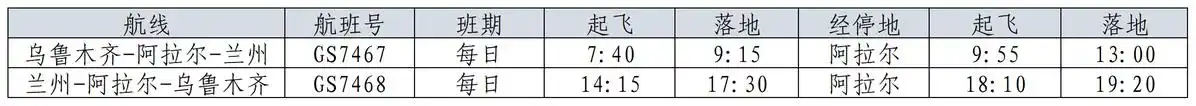 10月26日 天津航空新开乌鲁木齐=阿拉尔=兰州航线