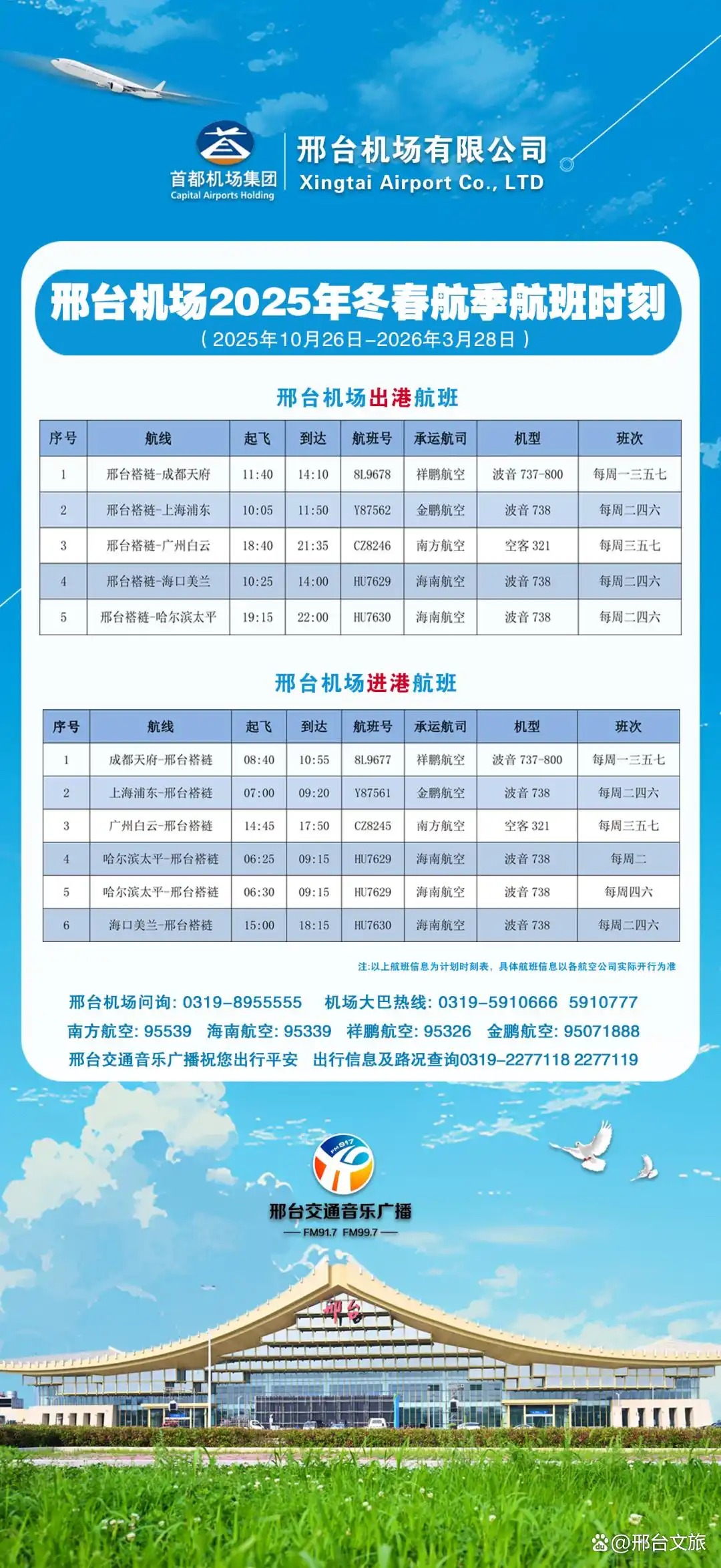 @爱旅游的宝子们~邢台机场2025年冬春航季航班时刻出炉