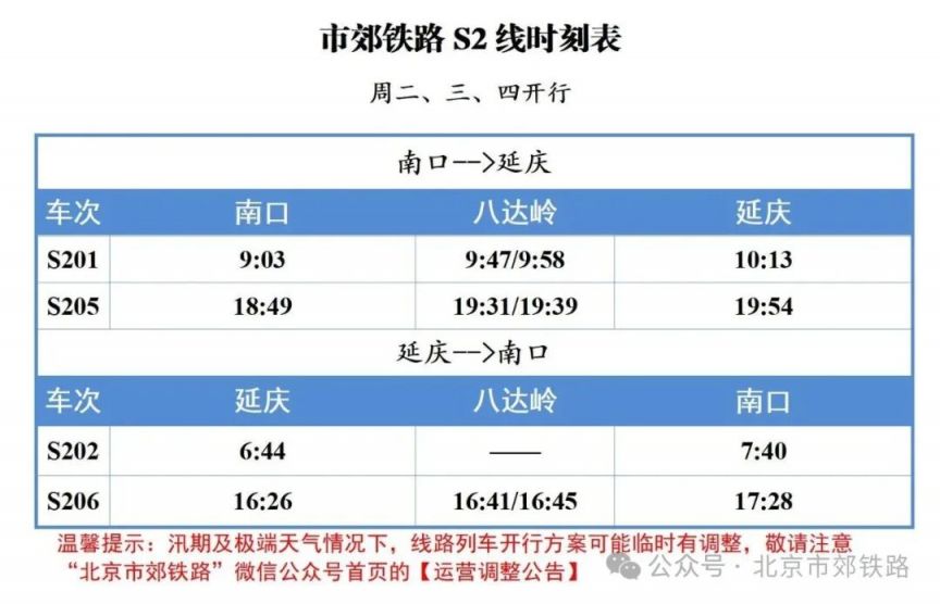 北京s2线最新时刻表查询(不断更新中)