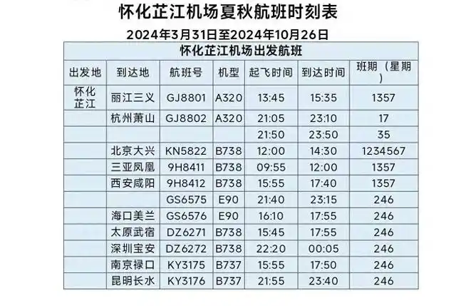 怀化芷江机场3月31日起执行夏秋季航班时刻