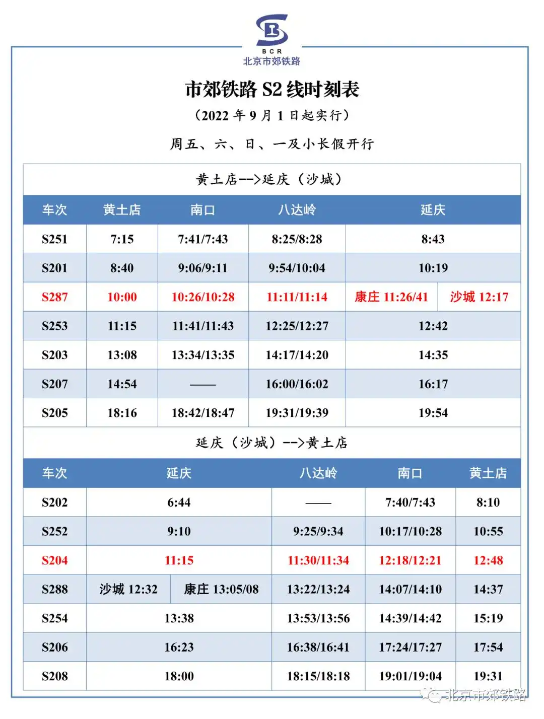 9月1日起北京市郊铁路S2线S287、S204次列车运行时刻微调