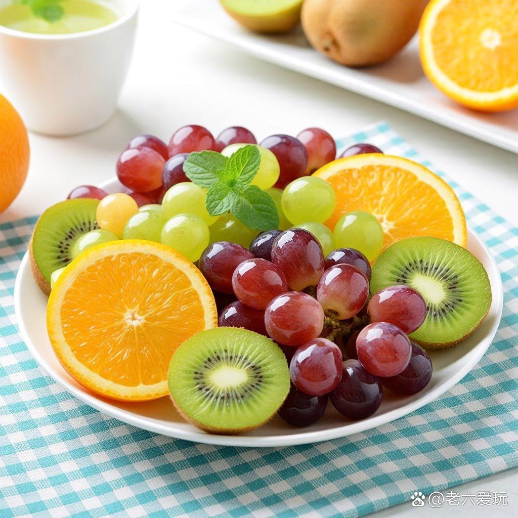 夏日清新水果拼盘，橙子、猕猴桃、葡萄与薄荷叶的完美搭配，色彩丰富，清新诱人，唤醒你的味蕾与心情！