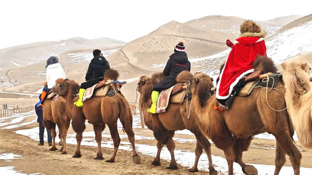 鸣沙山月牙泉迎来初雪！沙与雪的秘境私语，美到心醉