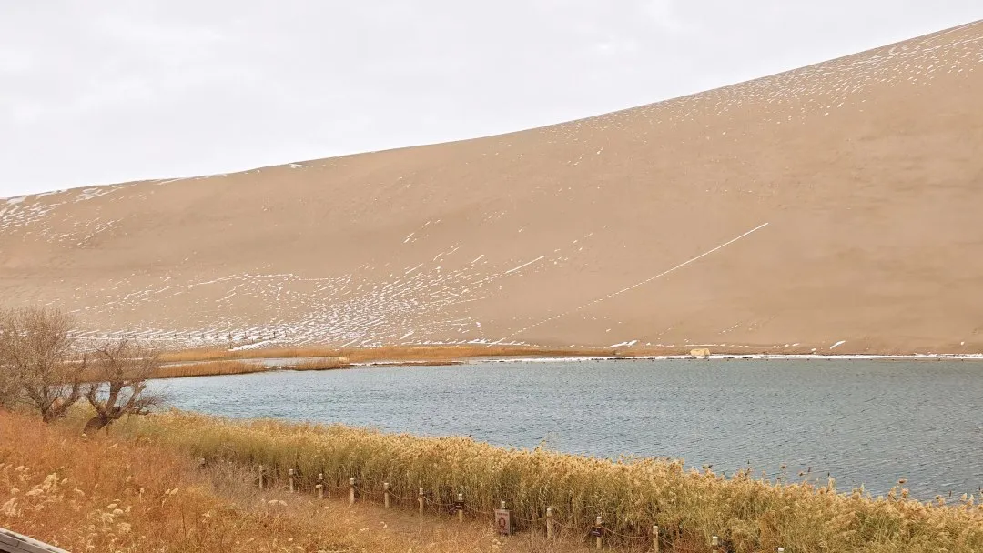鸣沙山月牙泉迎来初雪！沙与雪的秘境私语，美到心醉