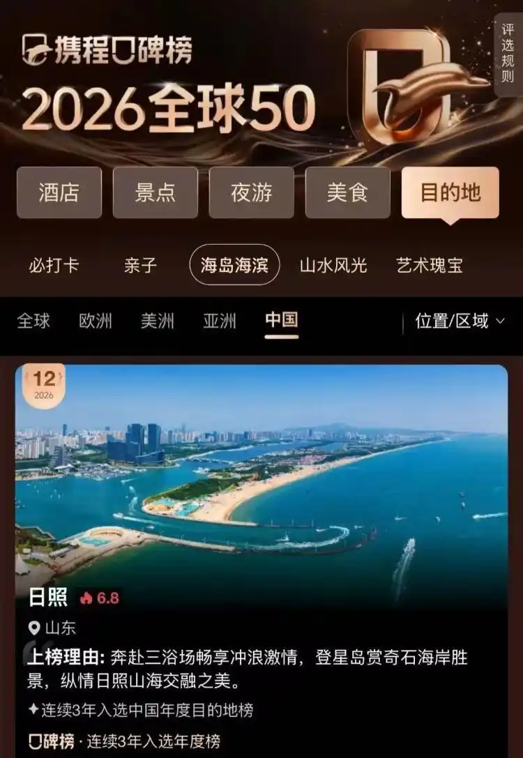 2026全球50海滨海岛目的地榜，日照入选！