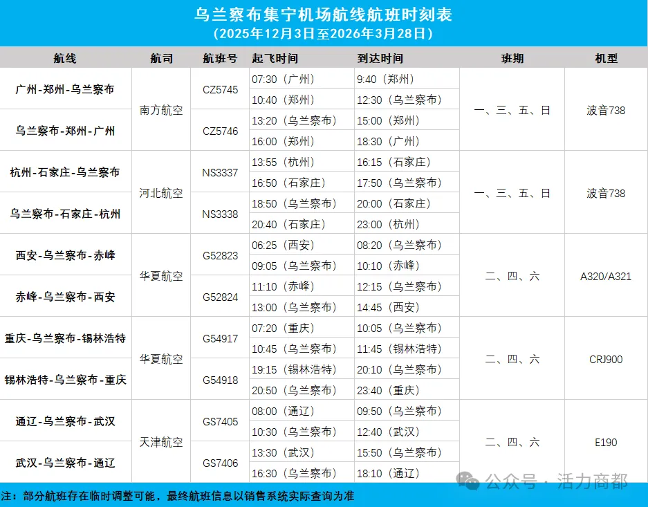 乌兰察布集宁机场航班及免费大巴时刻调整公告