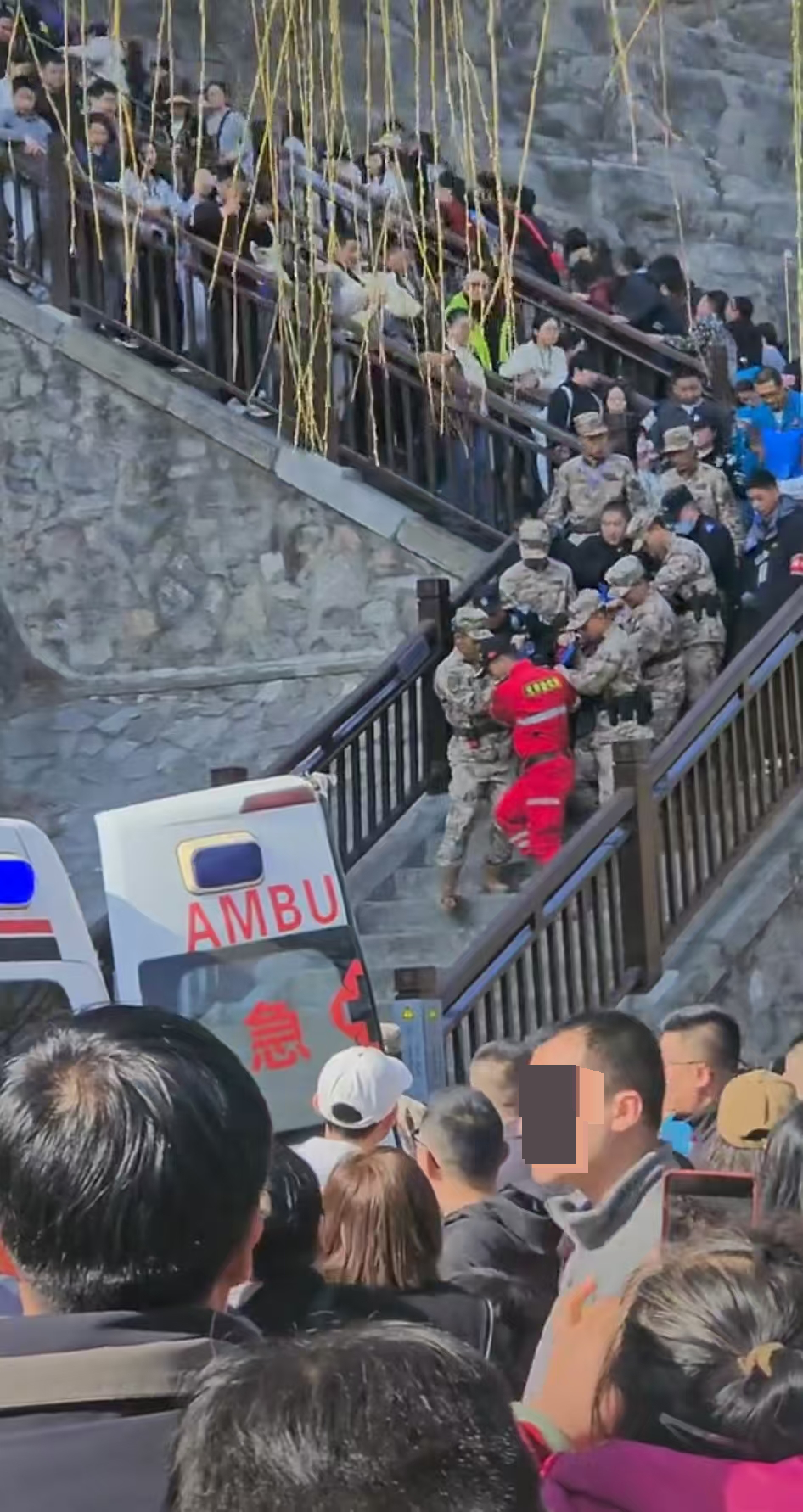 龙门石窟一游客被抬上救护车，救援人员称其因突发疾病导致，景区曾发公告称游客接近最大承载量停止售票