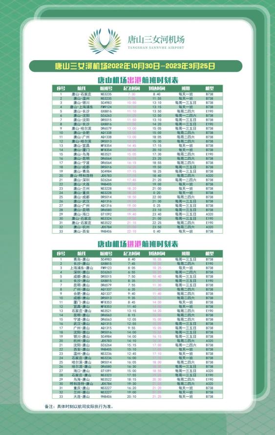 唐山机场航班换季时刻表出炉！新开航线→